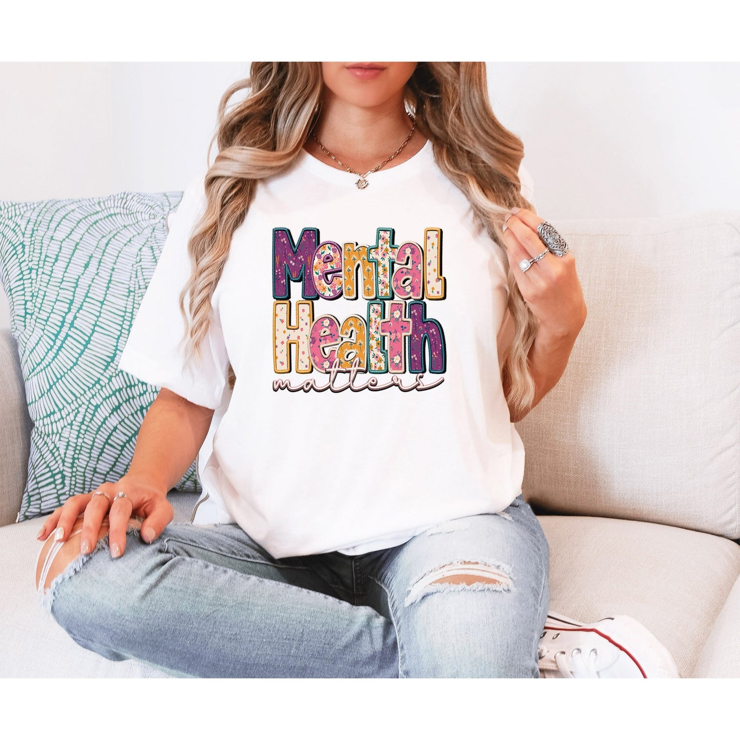 Mental Health Matters Floral Faux Embroidery Custom Tshirt