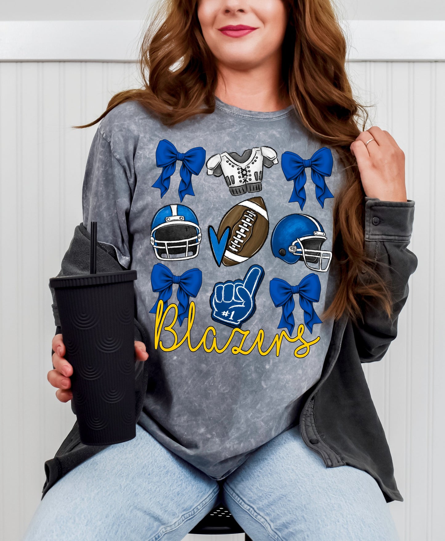 Blue White Football Yellow Mascot Name Custom Tshirt