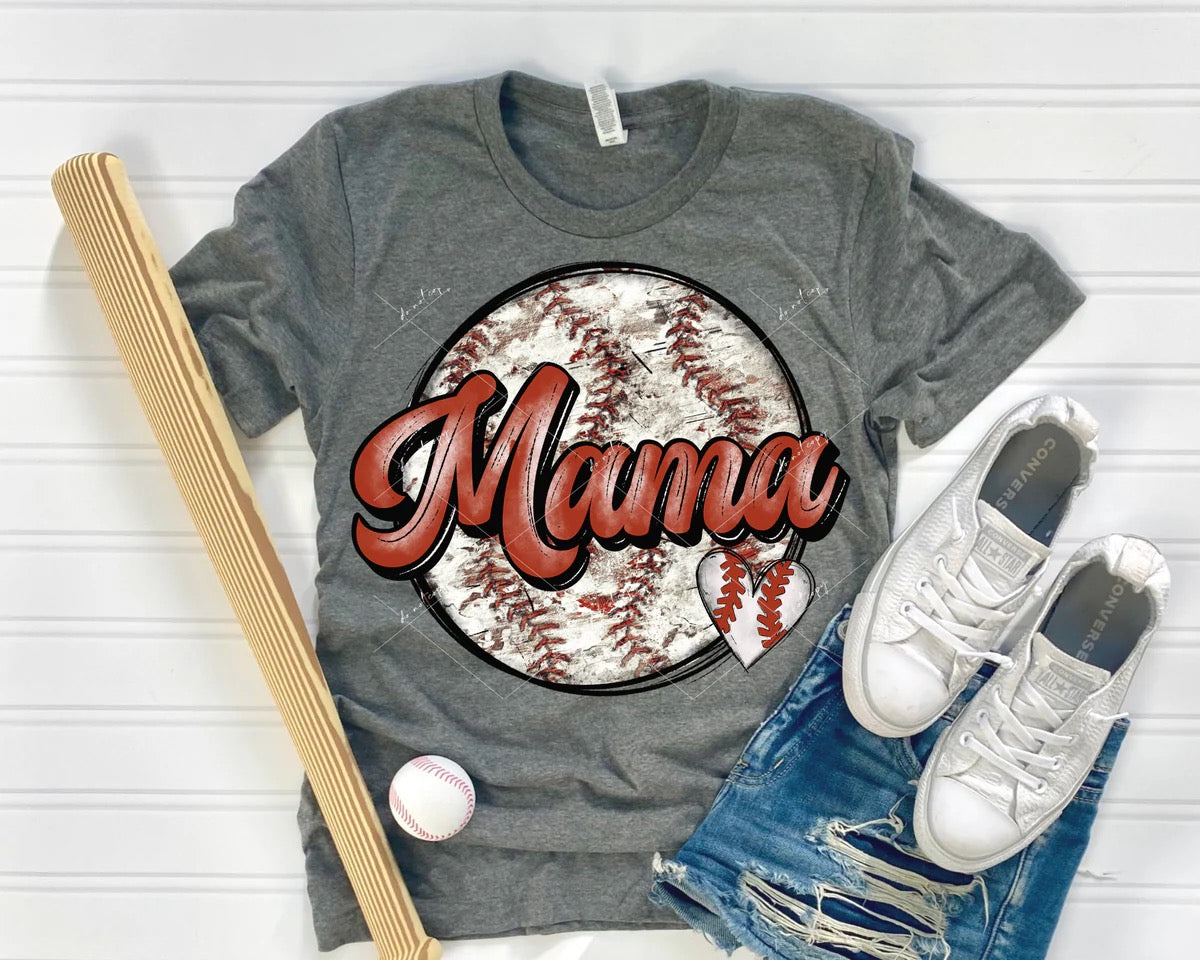 Mama (baseball background distressed, heart, red lettering) T-shirt