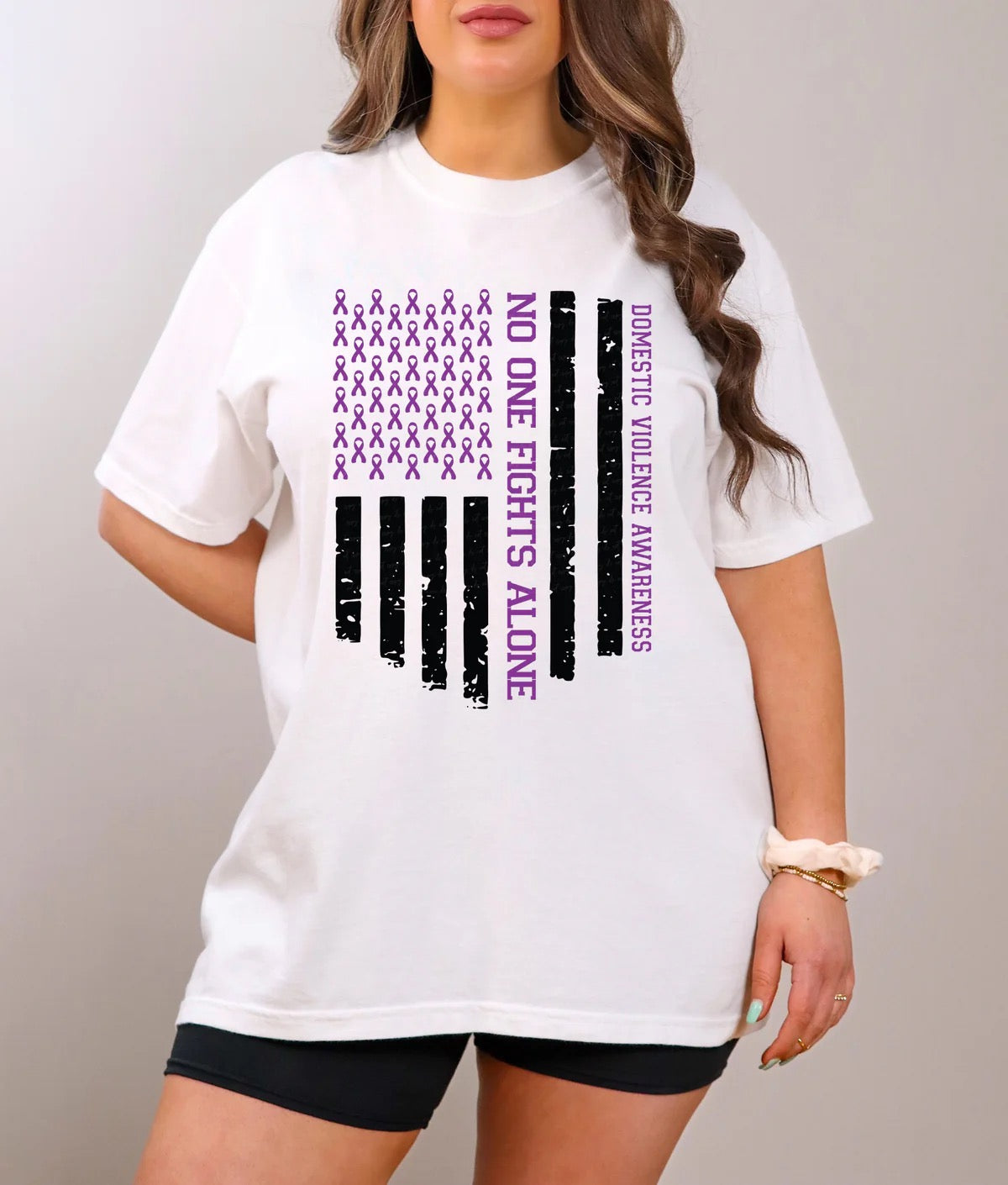 No One Fights Alone Domestic Violence Awareness Black Stripes and Purple Ribbon Custom T-shirt