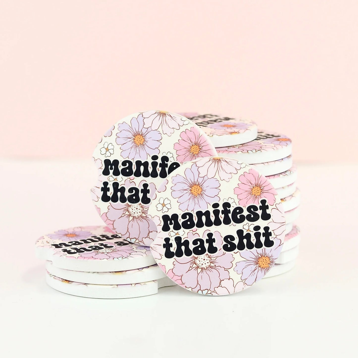 Manifest That Shit Floral Sandstone Car Coaster