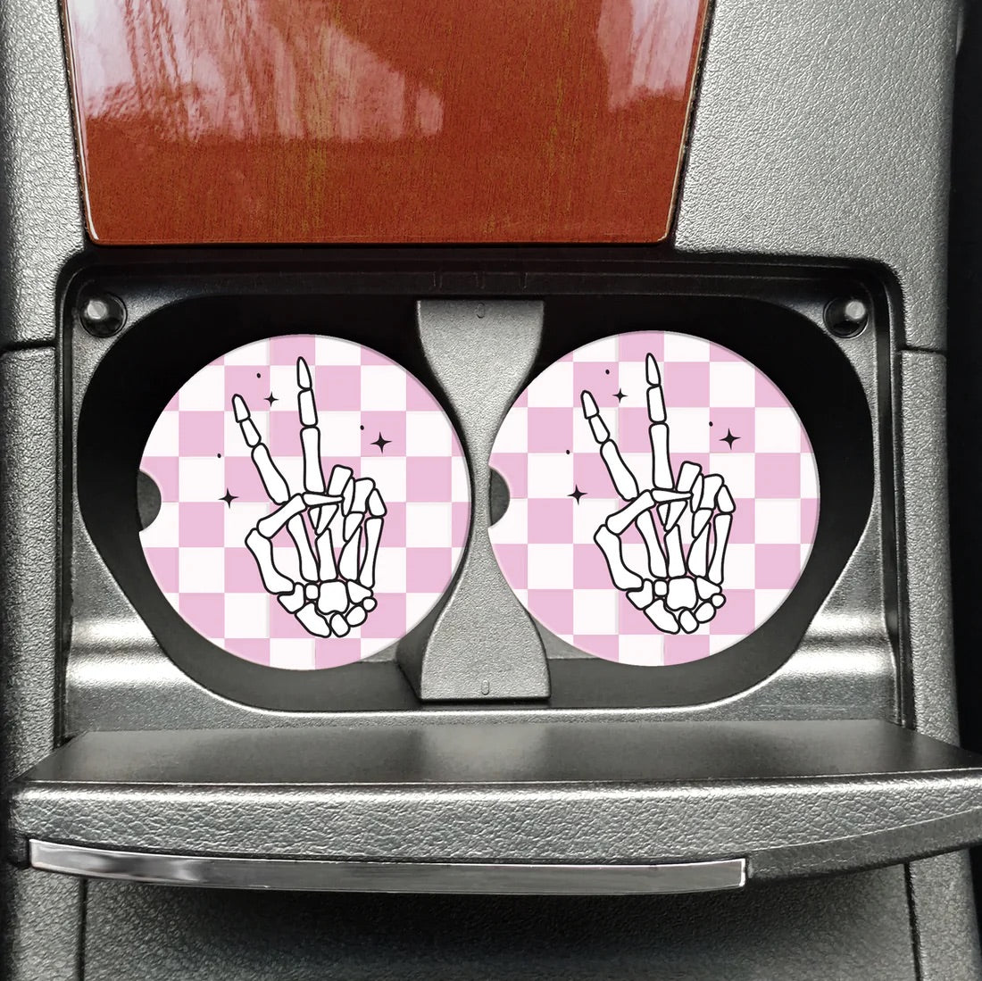 Peace Out Skeleton Checker Sandstone Car Coaster