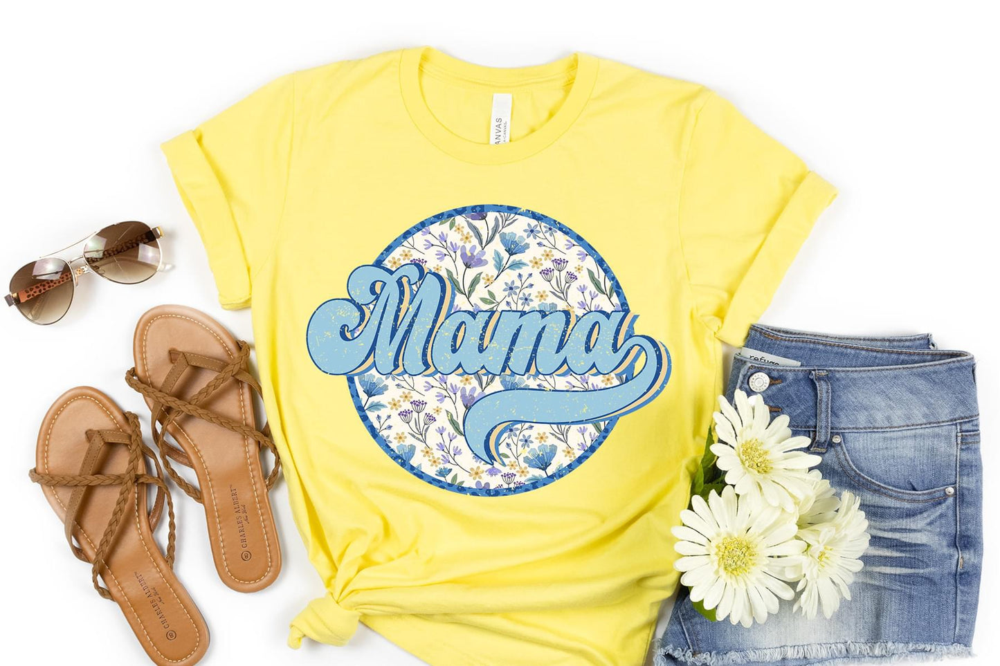 Blue Retro Floral MAMA Custom Tshirt