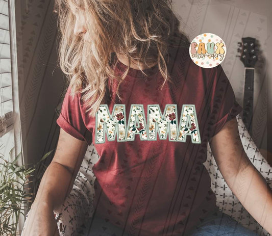 Mama floral teal faux embroidery T-shirt