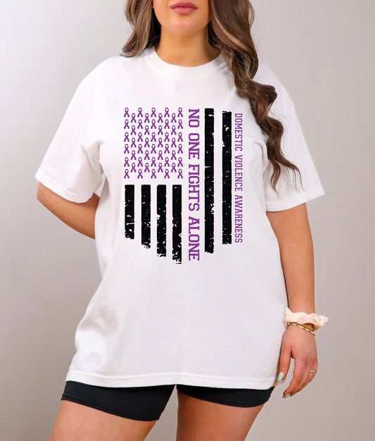 No One Fights Alone Domestic Violence Awareness Black Stripes and Purple Ribbon Custom T-shirt