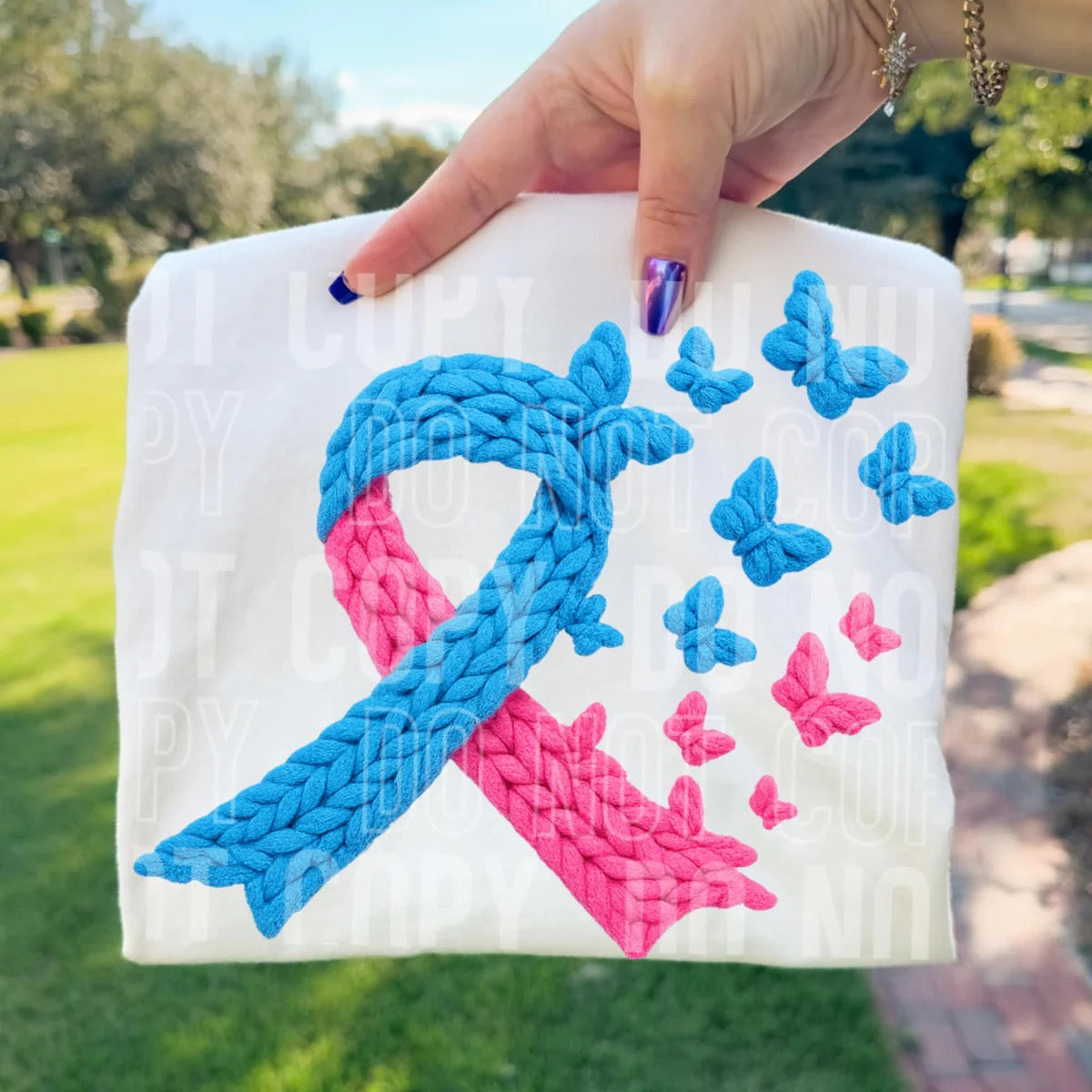 Faux Yarn blue and pink ribbon Custom T-shirt